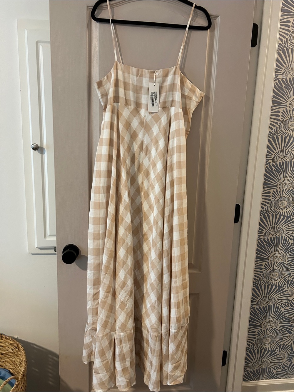 Beige and White Gingham Maxi Dress with Spaghetti Straps
